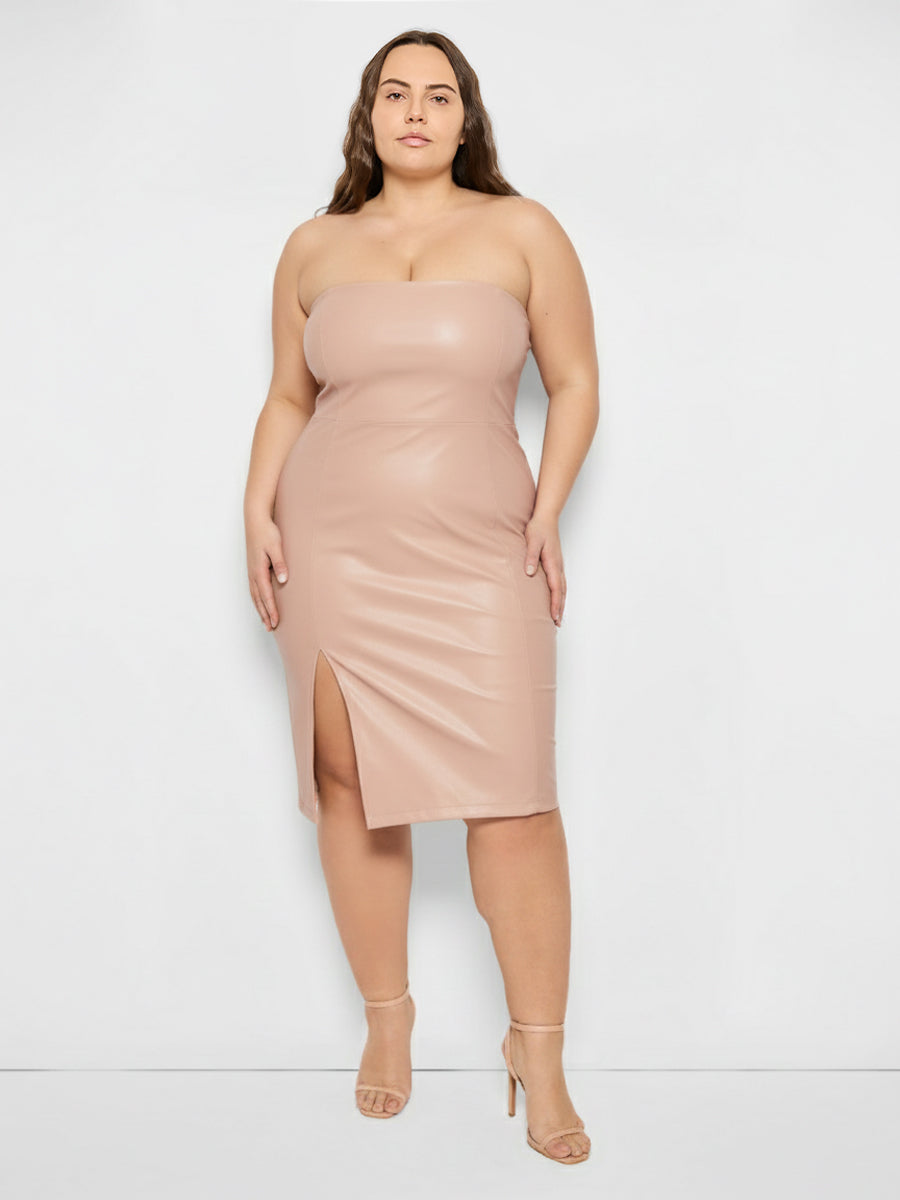 leather dress nude Nude Snake Faux Leather Choker Strapless Lace Up Slit Maxi Dress Hot Miami Styles