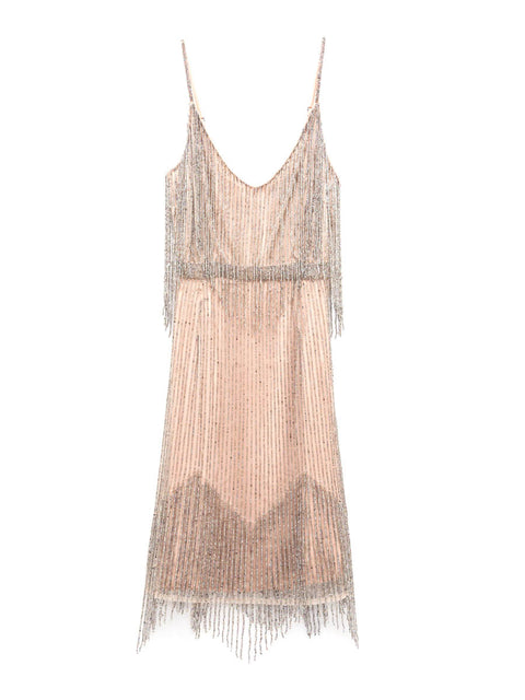 CHAMPAGNE BEADED WATERFALL DRESS